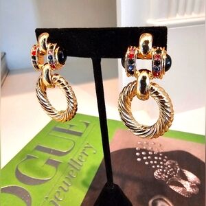 Elegant Gold and Black Hoop Earrings with Colorful Stones